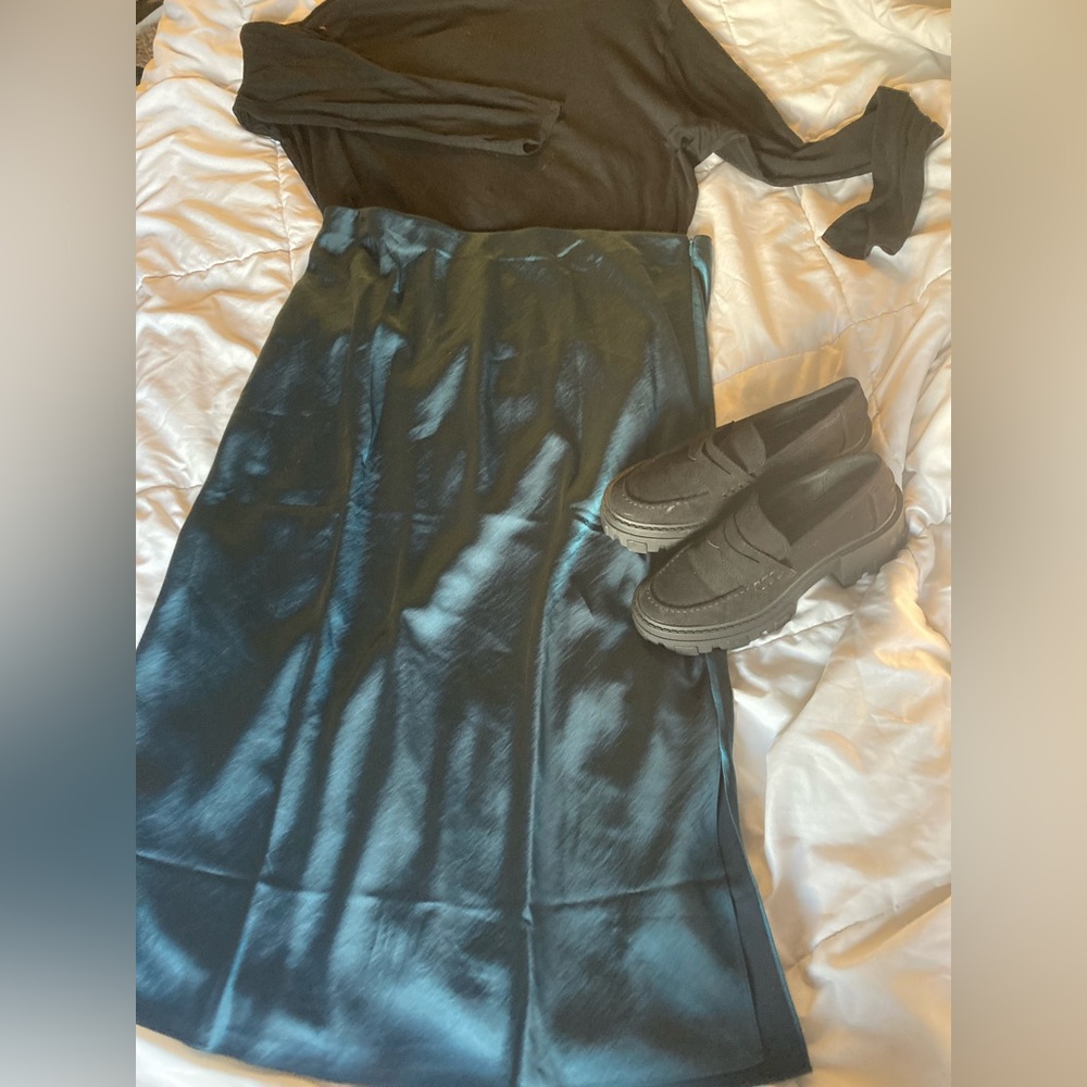 Universal Standard Bias-Cut Satin Slip Skirt in Deep Sea
